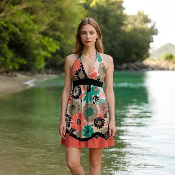 Candie's Vintage Floral Halter Dress Y2K Tropical Print Size Large - Picture 10 of 10